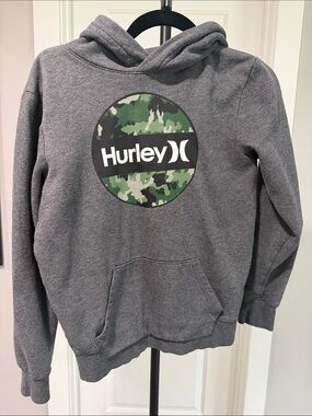 Hurley Gray Hoodie with Green Camo Logo Patch